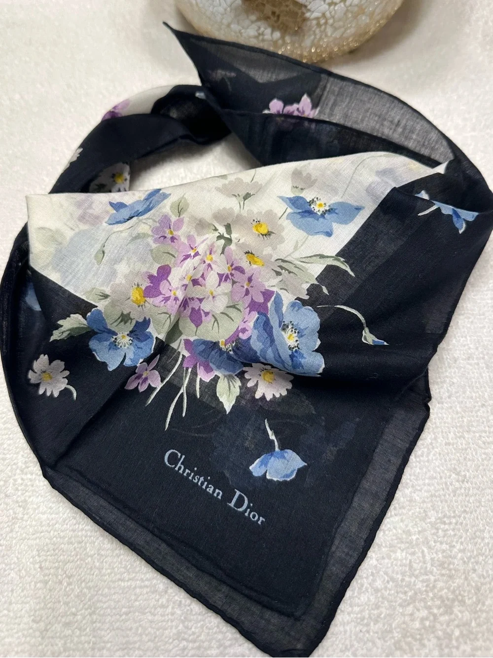 Vintage Christian Dior Floral Cotton Square Scarf Black Border 16.5” EUC
